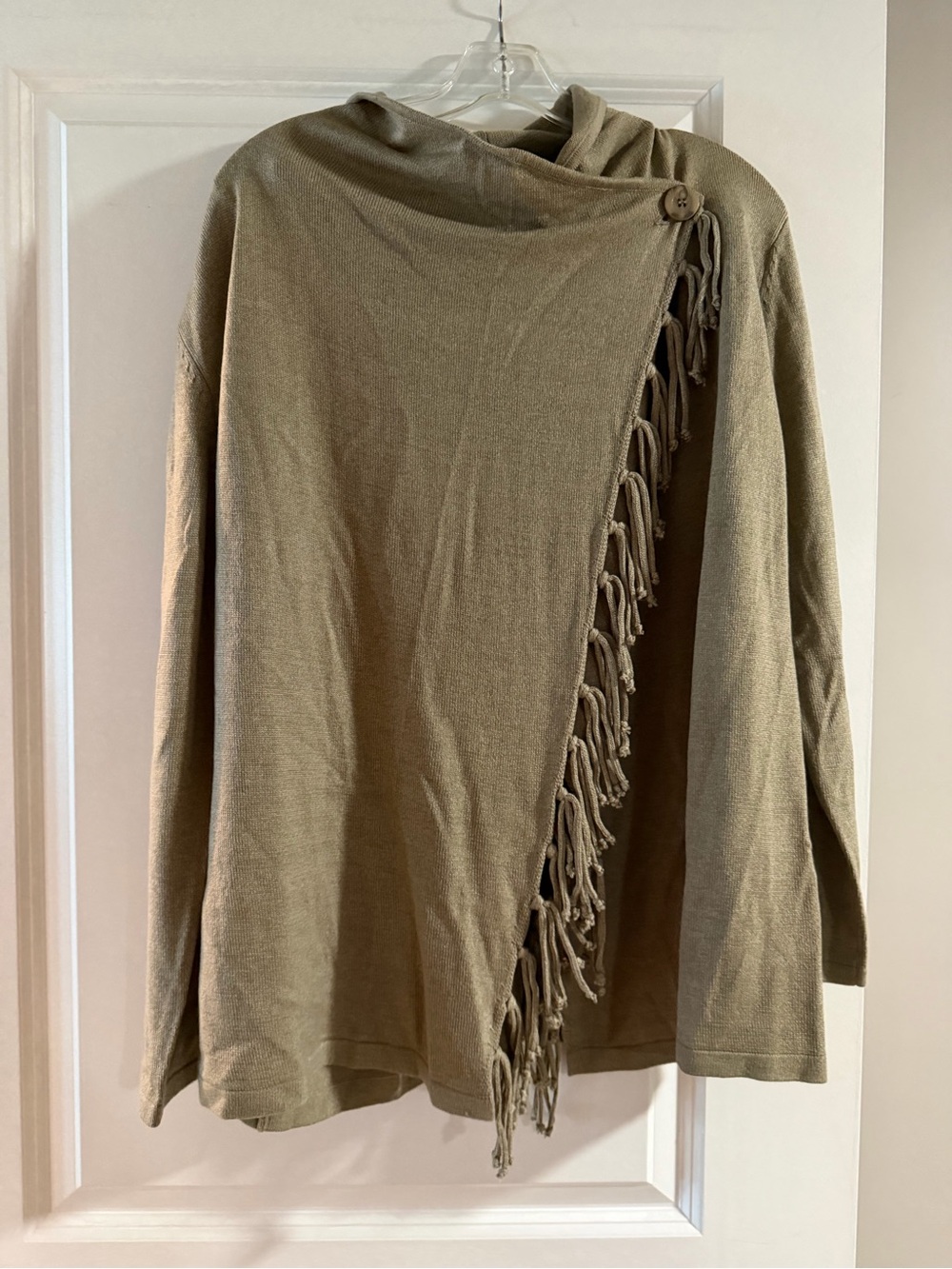 Women's Tan Fringe Button Poncho Sweater
